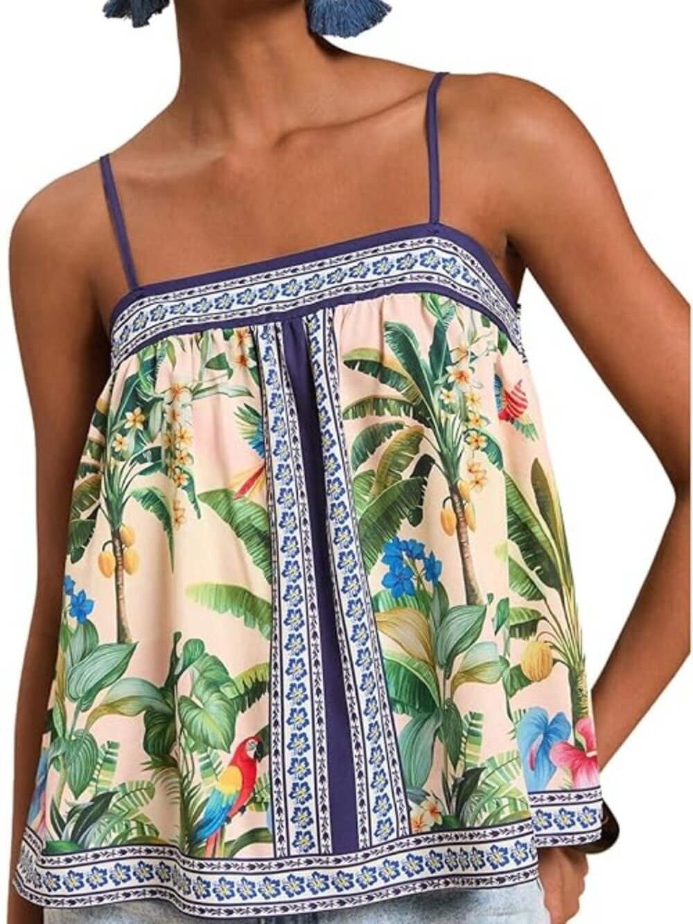 New - Women's Tropical Floral Print Cami Top Spaghetti Strap Boho Vacation